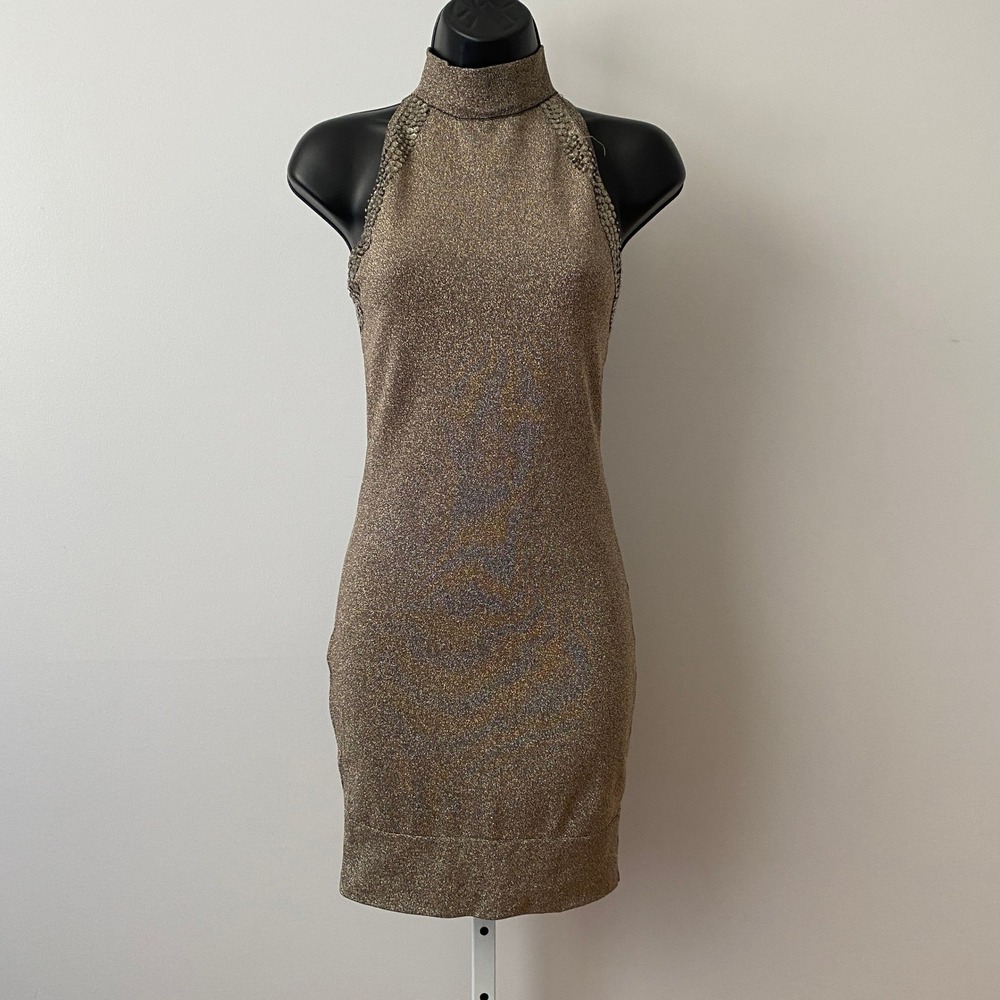 Nikibiki S Gold Metallic Knit Mini Dress Sequin Trim Mock Neck Halter Party